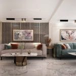 Modern cruise ship lobby seating area with two sofas, marble flooring, abstract art, and a chevron-patterned accent wall.