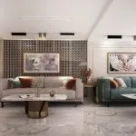 Modern cruise ship lobby seating area with two sofas, marble flooring, abstract art, and a chevron-patterned accent wall.