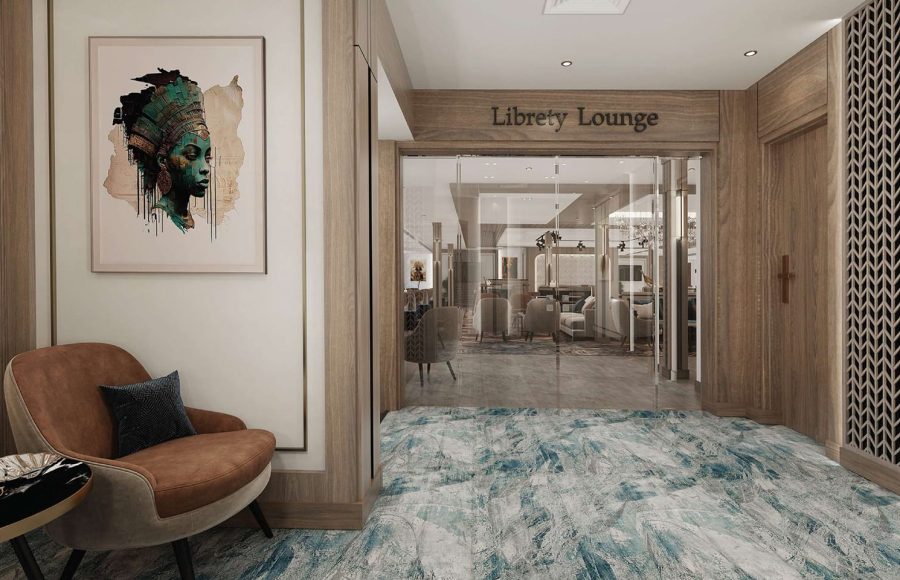 Entrance to the "Liberty Lounge" on a cruise ship, featuring an abstract blue carpet, wood paneling, a seating area, and a large portrait of an Egyptian queen.