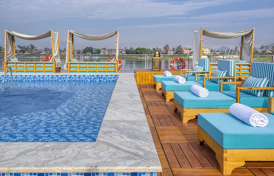 The inviting sundeck with a refreshing pool and comfortable loungers on the Sphinx Nile Cruise