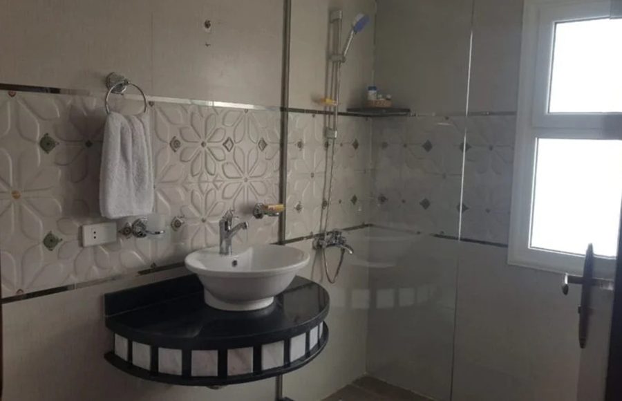 Bathroom in a cabin on the Sacred Lotus Dahabiya Nile Cruise.