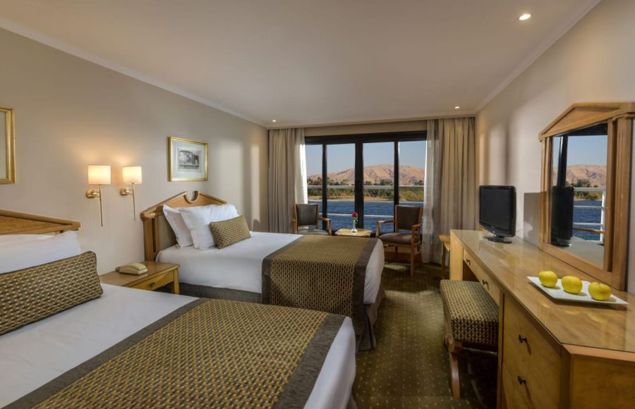 A twin-bedded cabin on the Steigenberger Regency Nile Cruise.