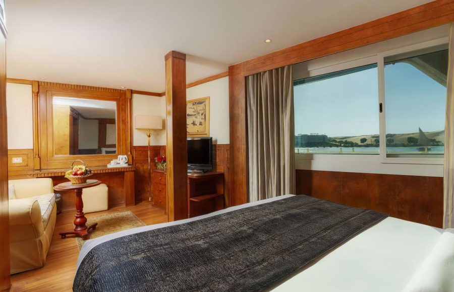 King bed suite with a river view window on MS Grand Rose Nile Cruise.