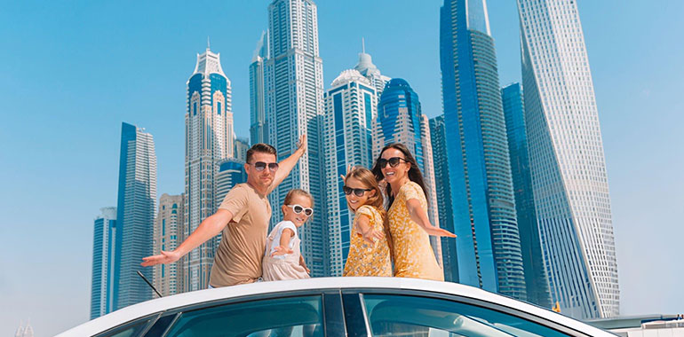 Summer car trip and young family on vacation Dubai