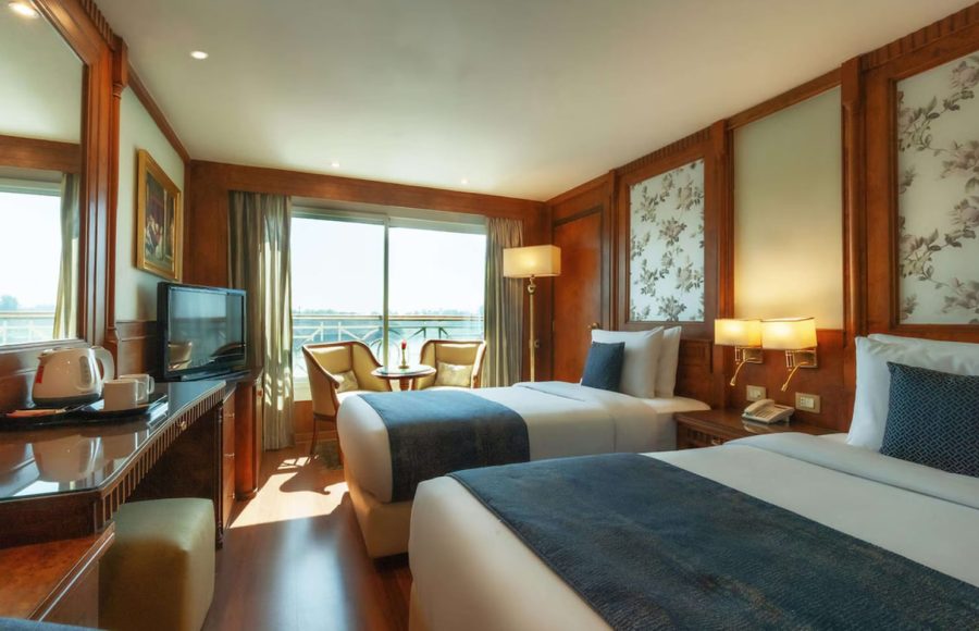 Twin bed cabin with river view window on MS Grand Rose Nile Cruise.