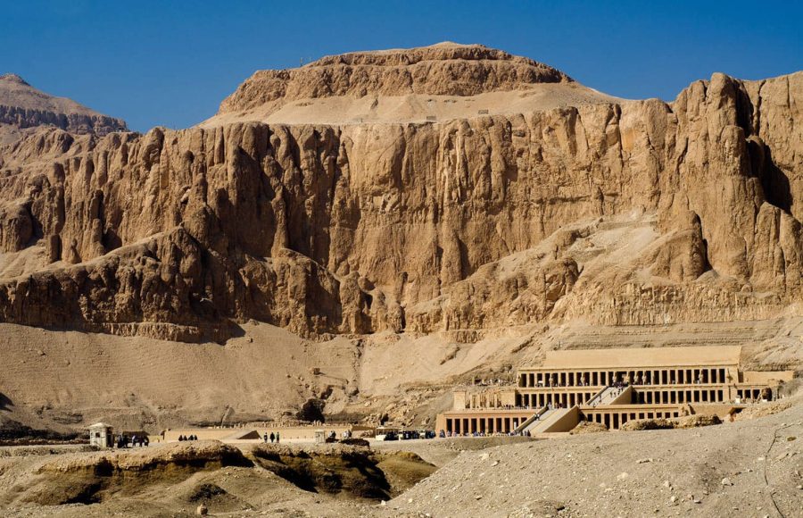The vast, terraced architecture of the Temple of Hatshepsut against the cliff face at Deir el-Bahari, a dramatic, rock-cut stop on an egypt highlights in 6 days tour.