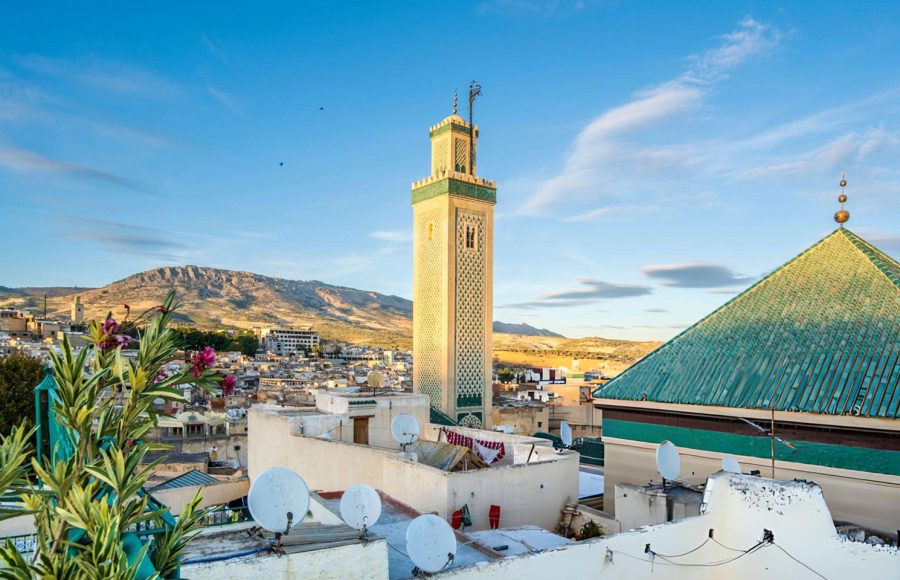 The-Famous-al-Qarawiyyin-mosque-and-University-in-heart-of-historic-downtown-of-Fez-Morocco
