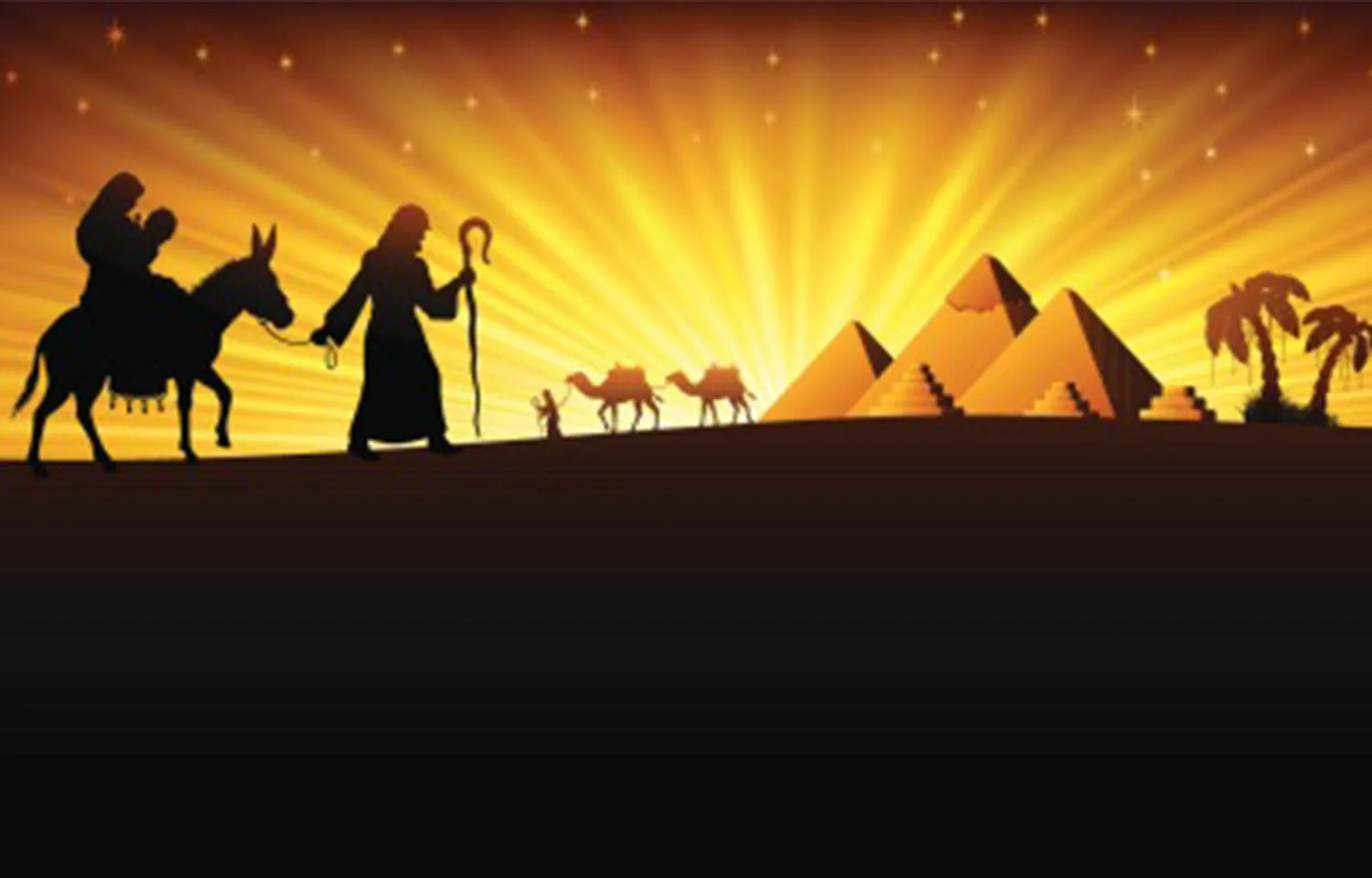 A Silhouette Illustration Of The Holy Family'S Trip Into Egypt, Showing Mary And Jesus On A Donkey, Joseph, And A Caravan Of Camels In Front Of The Pyramids And A Bright Sunrise.