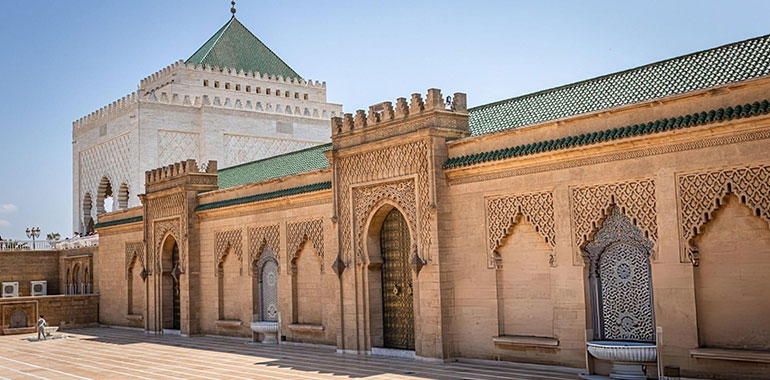 The Mausoleum of Mohammed V is a mausoleum located across from the Hassan Tower in Rabat Morocco