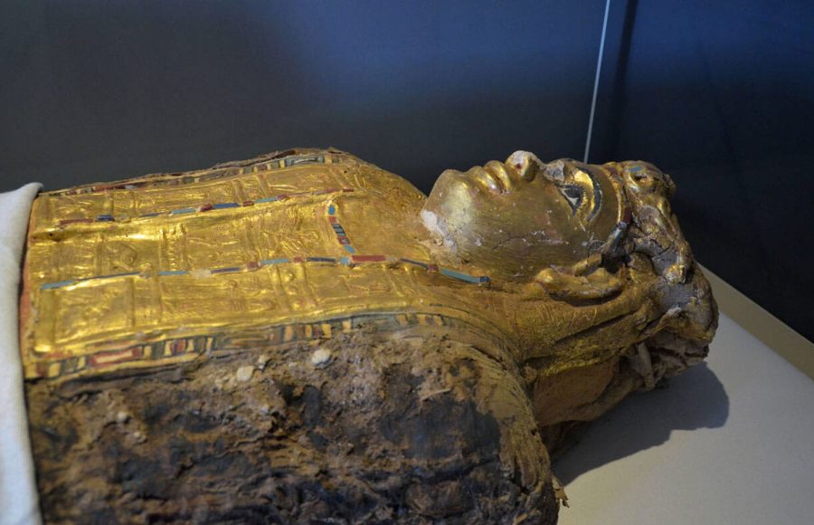 A close-up view of a gold-gilded, painted sarcophagus head and torso displayed in The Mummy Hall at the museum of the golden Mummies in Bahariya Oasis.