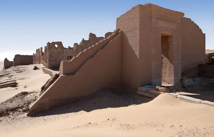 The sunlit mud-brick wall and staircase of The Roman Fortress And Temple Of Dush Baris Oasis Western Desert Of Egypt, surrounded by desert sand and clear blue sky.