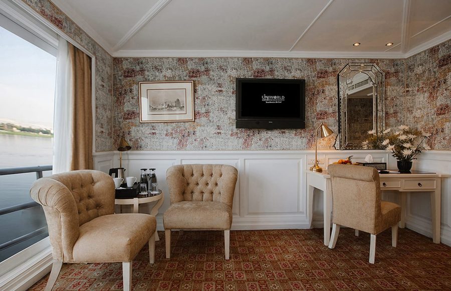 Luxurious Grand Suite bedroom on Tosca Nile Cruise.