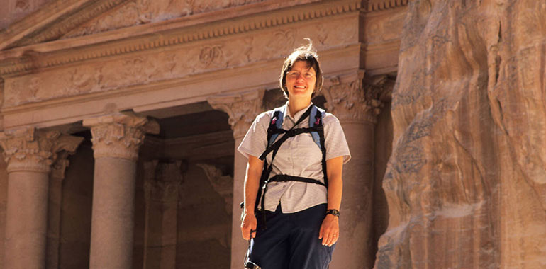 Tourist In Front Of The Treasury Petra Middle East