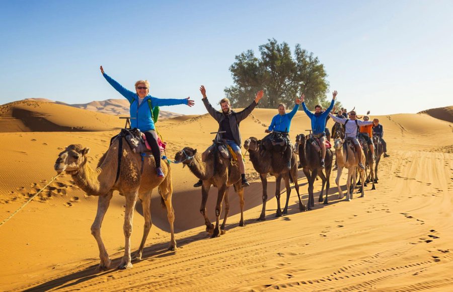 Tourists-riding-camels-in-the-desert-Merzouga-Erg-Chebbi-Sahara-Morocco