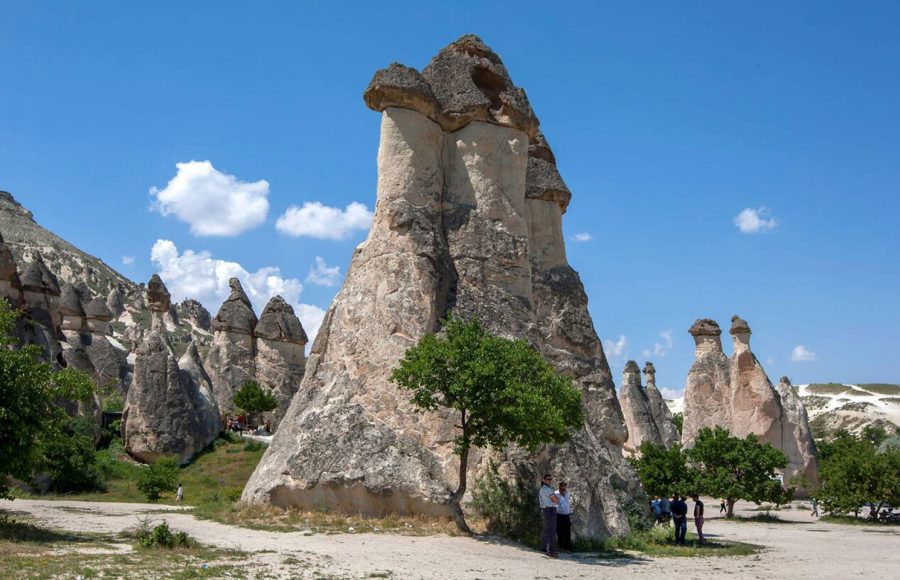 Tourists-shelter-under-the-shade-of-a-tree-adjacent-to-a-fairy-chimney-at-Pasabag-in-the-Cappadocia-region-of-Turkey
