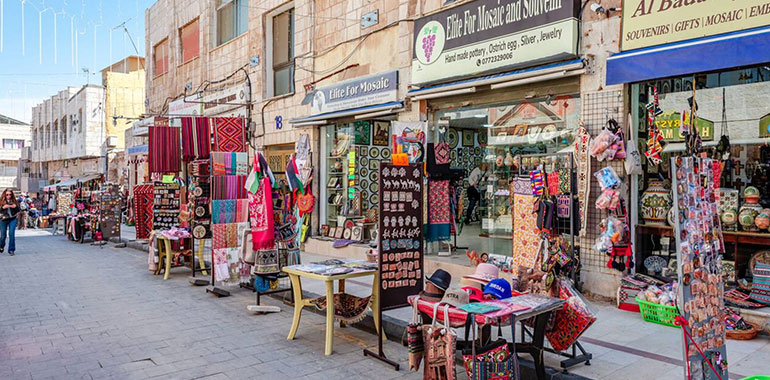 View of shops selling souvenirs in the center of Madaba a town in Jordan