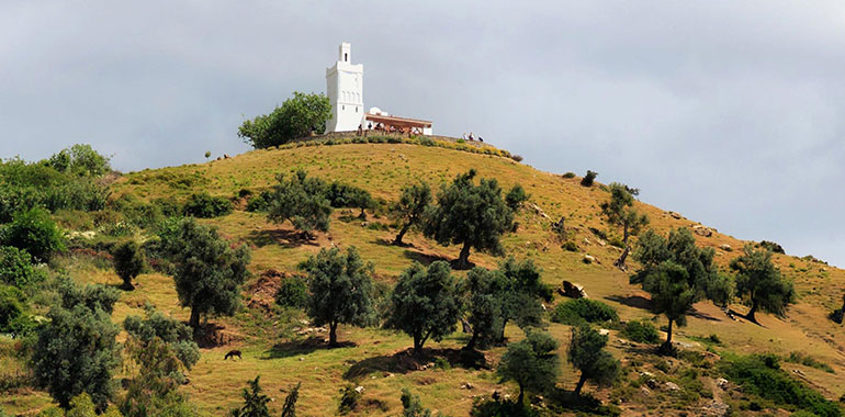 View of the Mosque Bouzaafer known sa Spanish near mountains in Chefchaouen Morocco