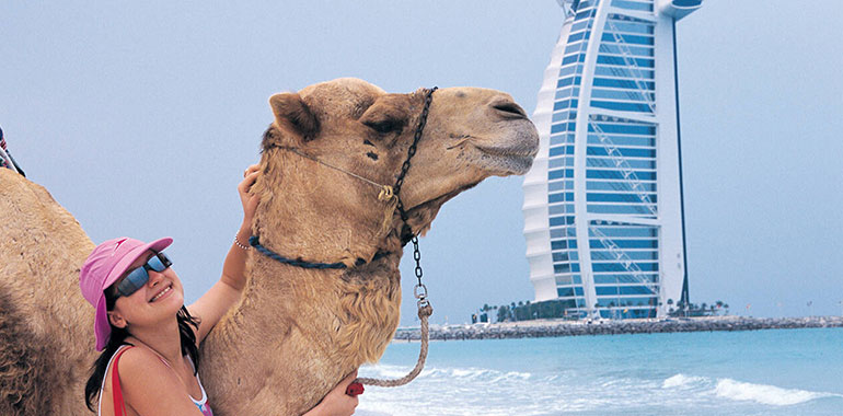 Western tourist touching a camel on the beach in Dubai UAE