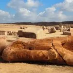 A massive, broken pharaonic statue lying among the blocks of the ancient Tanis ruins tour site