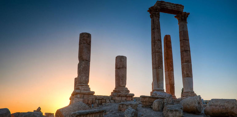 Ancient Ruins With Sun And Sunset Sky In Background Temple Of Hercules In Amman Jordan