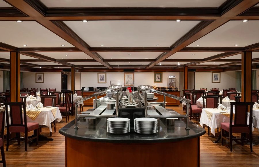 Formal dining room and buffet area on the Commodore Nile Cruise ship.