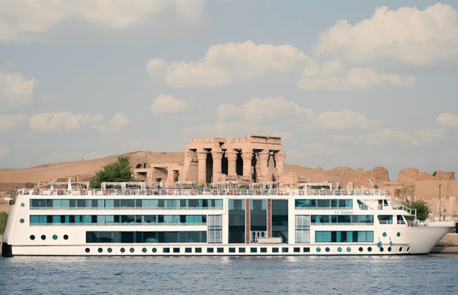5 star ship with the ancient Kom Ombo Temple, highlighting a key sight on your best Nile Cruise and Hurghada holiday.