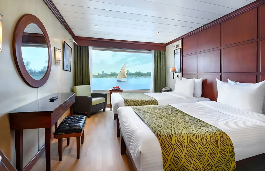 A comfortable cabin on a Nile cruise ship, the ultimate comfort for the best Egypt one week itinerary.