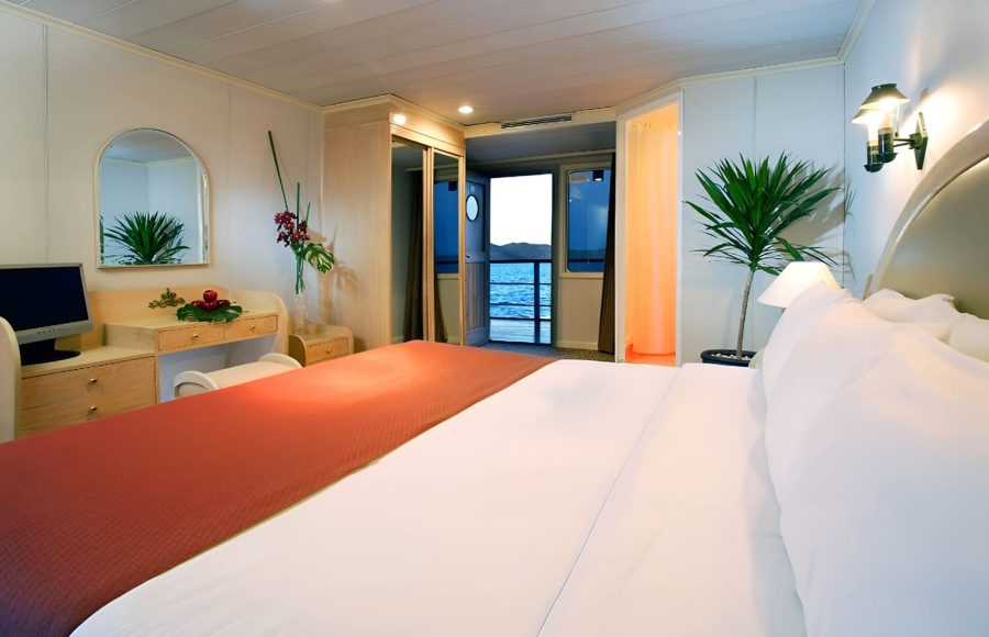 A warm, wood-paneled cruise cabin with a large picture window showing the river, a plush bed, and a sofa.