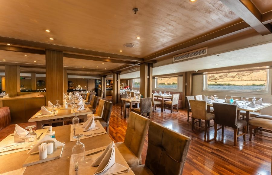 The restaurant on the MS Semiramis III with a view of the Nile.