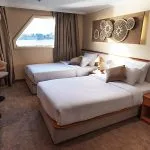 A bright twin-bedded cabin on a cruise ship with two single beds dressed in white, a panoramic window overlooking the water, wooden furniture, and abstract circular wall art above the headboards.