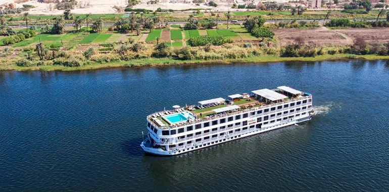 Cruise Ship With A Swimming Pool On The Top Deck.