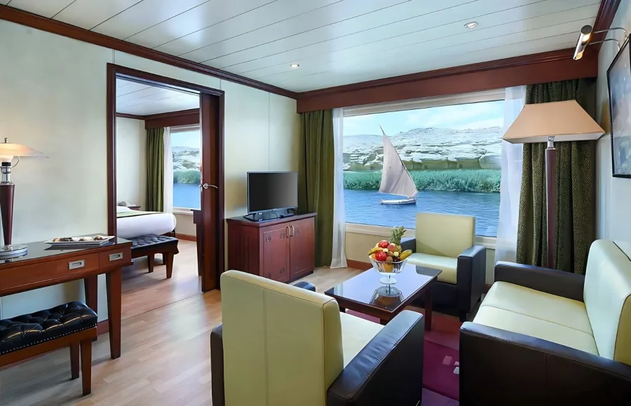 A spacious suite on a Nile cruise ship with a view, ensuring comfort for your 10 day Egypt Itinerary beach and culture.