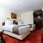 Traditional style twin cabin on a Nile cruise with two beds, red patterned carpet, and dark wood furniture.