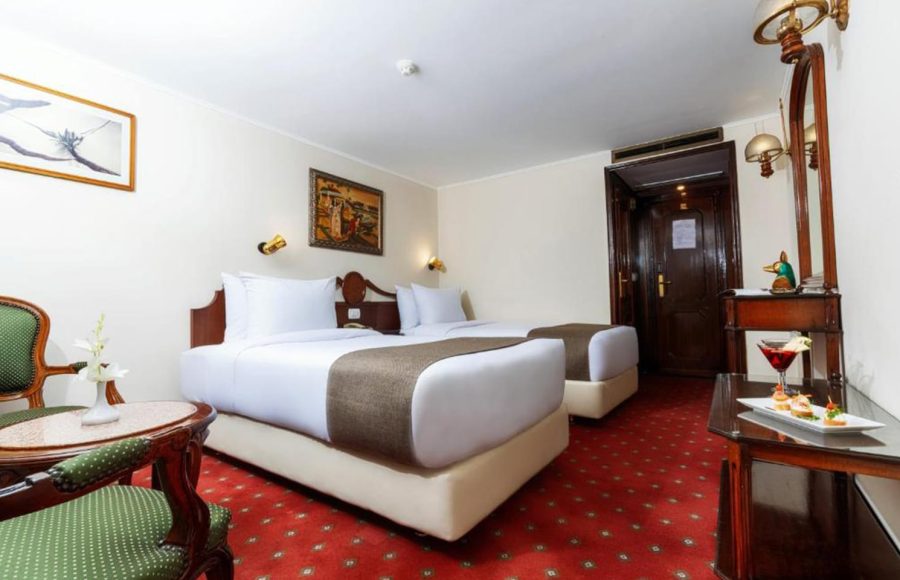 Traditional style twin cabin on a Nile cruise with two beds, red patterned carpet, and dark wood furniture.