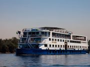 The MS Nile Saray ship sailing on the Nile River.