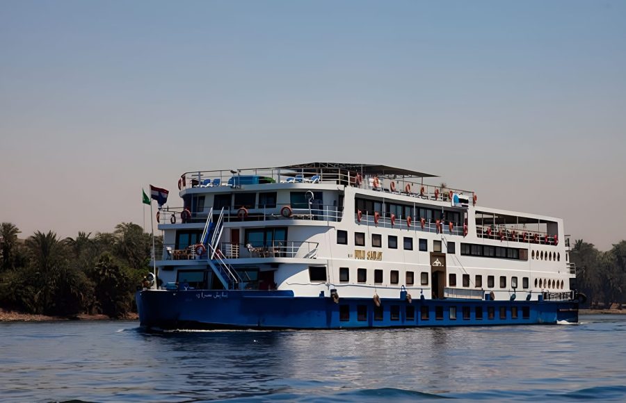 The MS Nile Saray ship sailing on the Nile River.