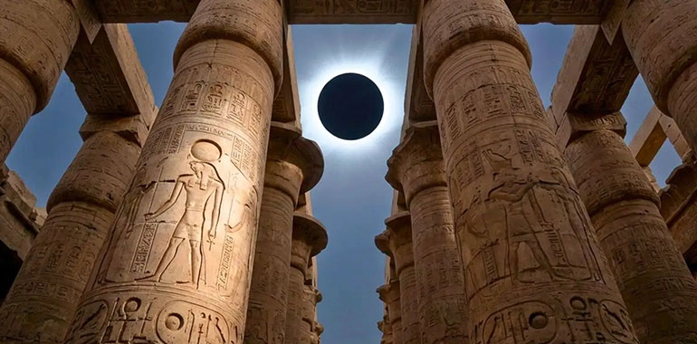 solar eclipse above egypt ancient temple