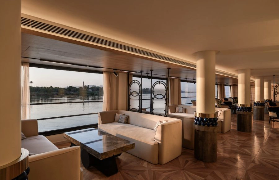 The spacious and elegantly designed main lounge of the MS Soleil Nile Cruise.