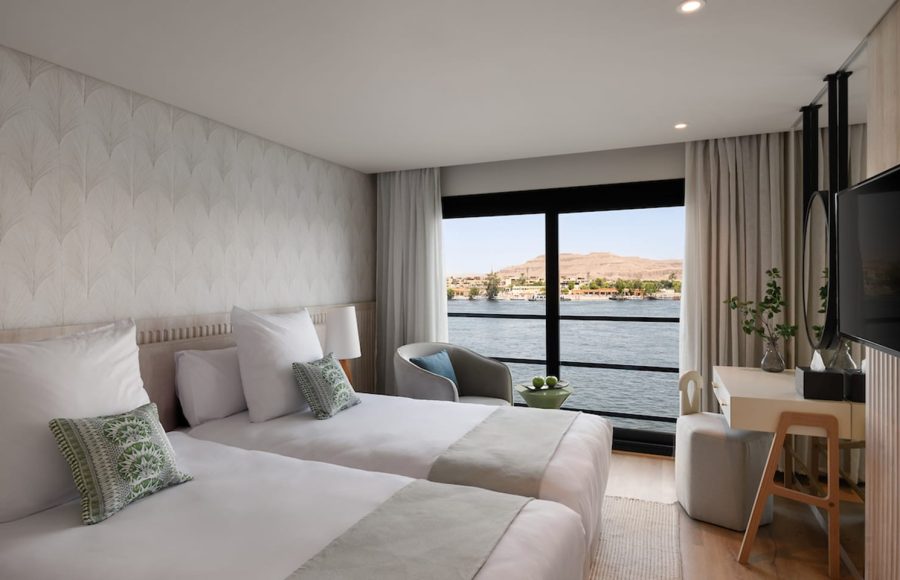 Bright and luxurious twin-bed room on the MS Soleil Nile Cruise.