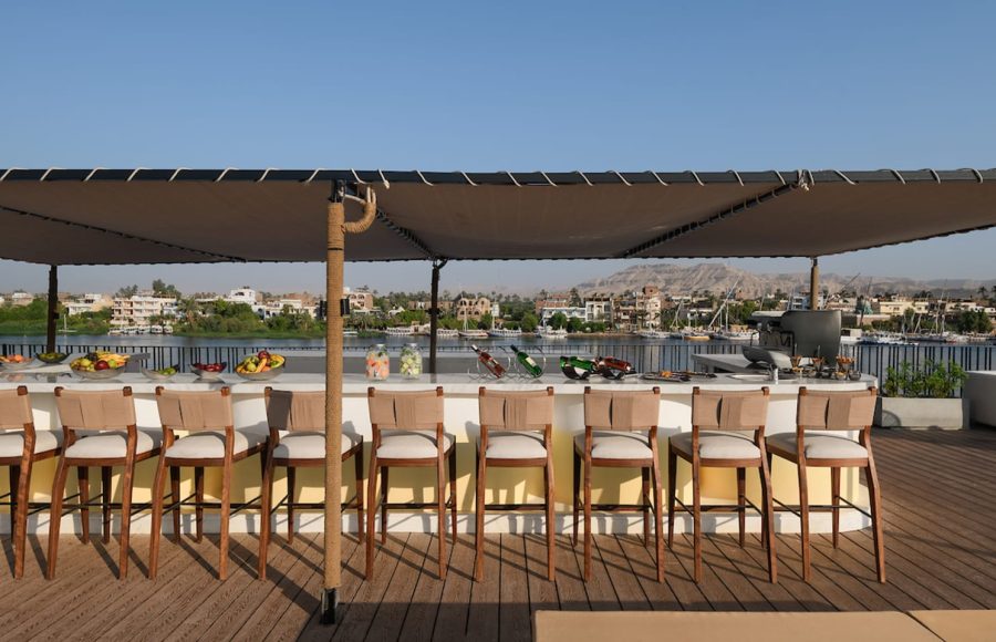 The open-air sun deck bar area on the MS Soleil Nile Cruise.