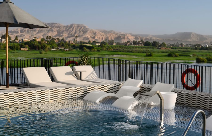 The sun deck swimming pool area on the MS Soleil Nile Cruise.