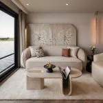 The chic living area within a suite on the MS Soleil Nile Cruise overlooking the Nile River.