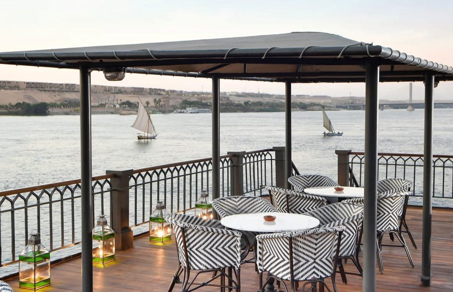 Outdoor seating on the upper deck of the Mövenpick SS Misr Steamer Nile Cruise.