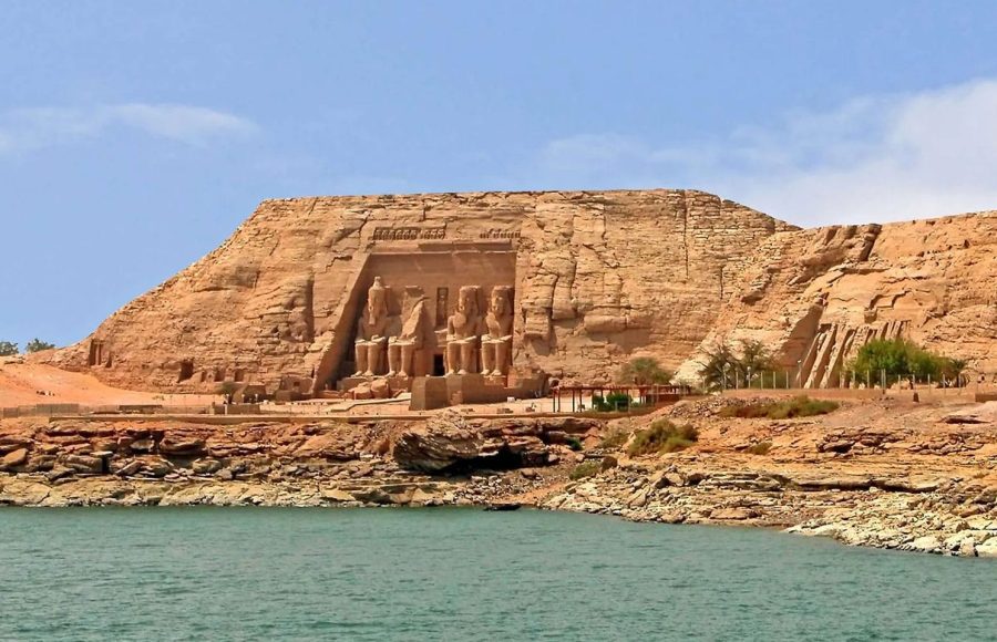 A panoramic view of the magnificent Abu Simbel temple from Cairo towering over the shore of Lake Nasser