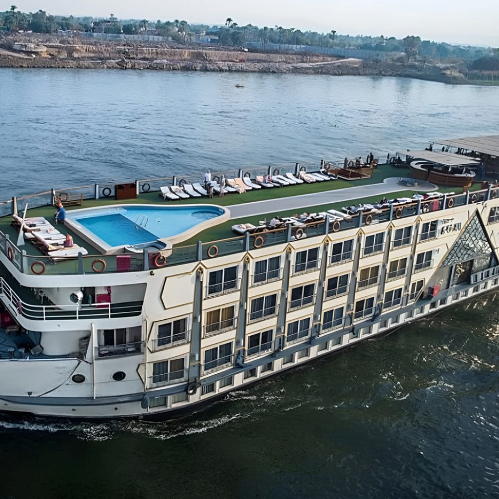 Sun Deck, Showing A Swimming Pool And Lounge Chairs. These Nile Cruise Facilities Are Perfect For Relaxing After A Morning Of Temple Visits.